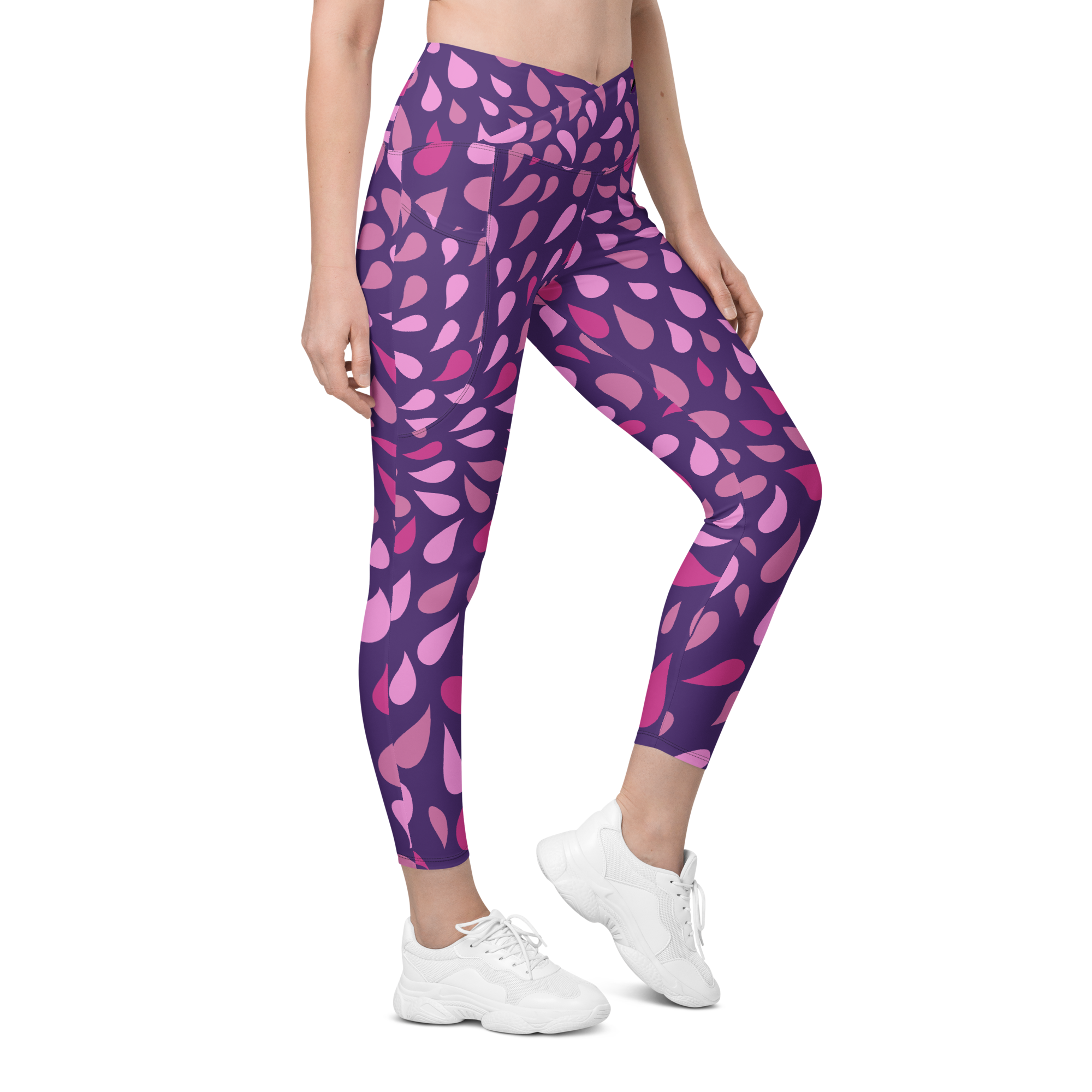 Crossover Leggings with Pockets - Pink/Purple Droplets