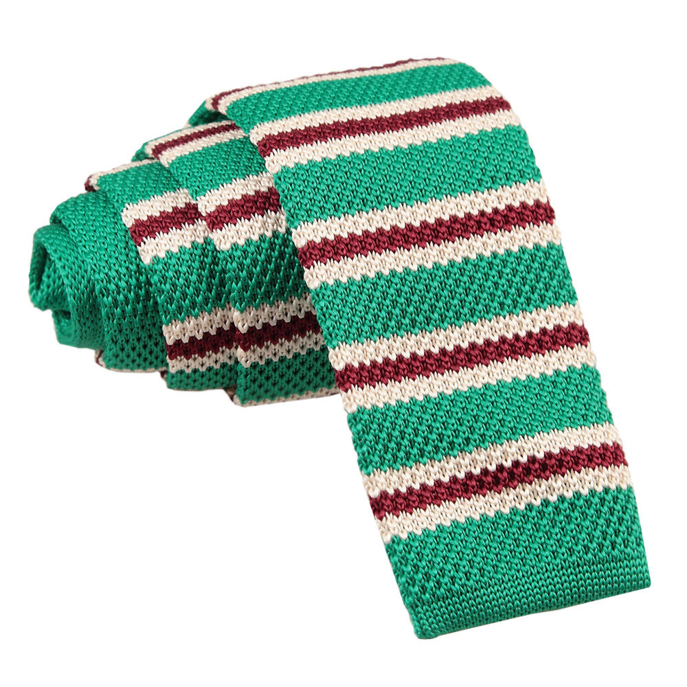 Knitted Stripe Skinny Tie - Knitted Green with Burgundy &  White Thin Stripe