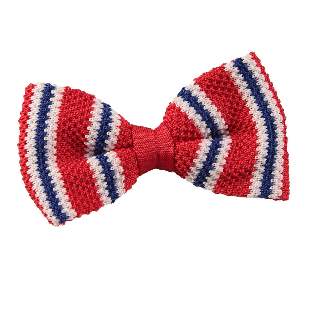 Knitted 3 Thin Stripe Bow Tie - Knitted Red with Blue &  White Thin Stripe