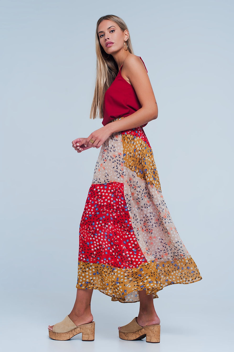 Thumbnail: Red Floral Meadow Bias Cut Midi Skirt