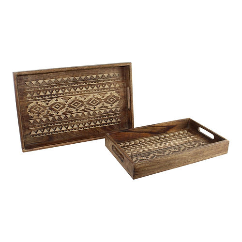Set of 2 Hand Carved Kasbah Wooden Trays