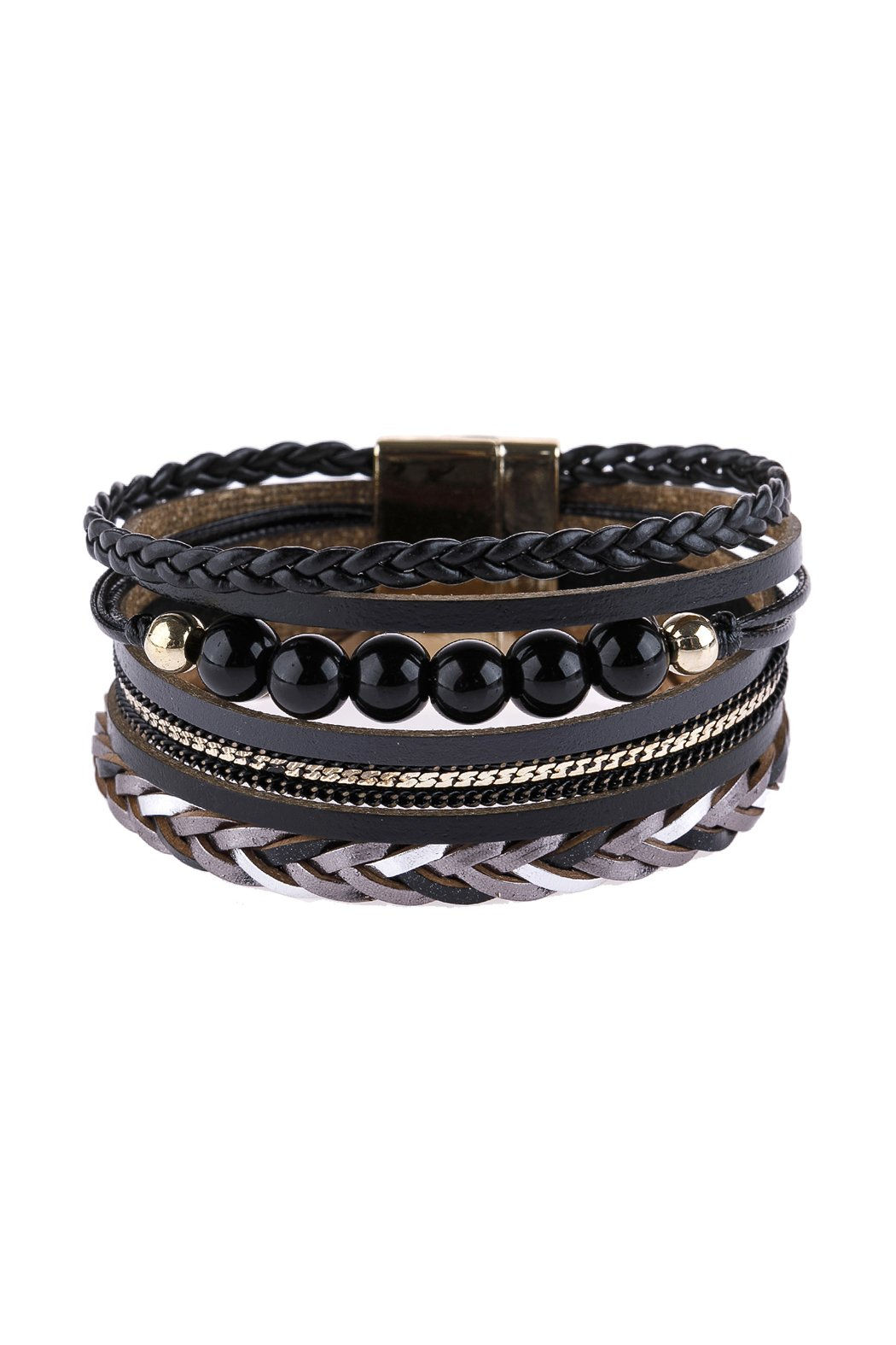 Hdb2979 - Leather Braided Beads Wrap Magnetic Bracelet