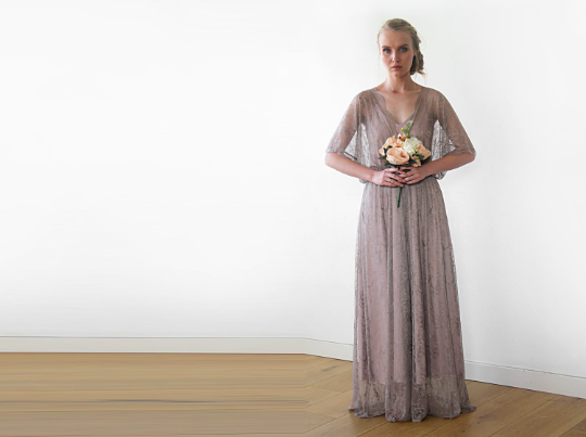 Thumbnail: Taupe Sheer Lace Vintage Style Maxi Dress #1044