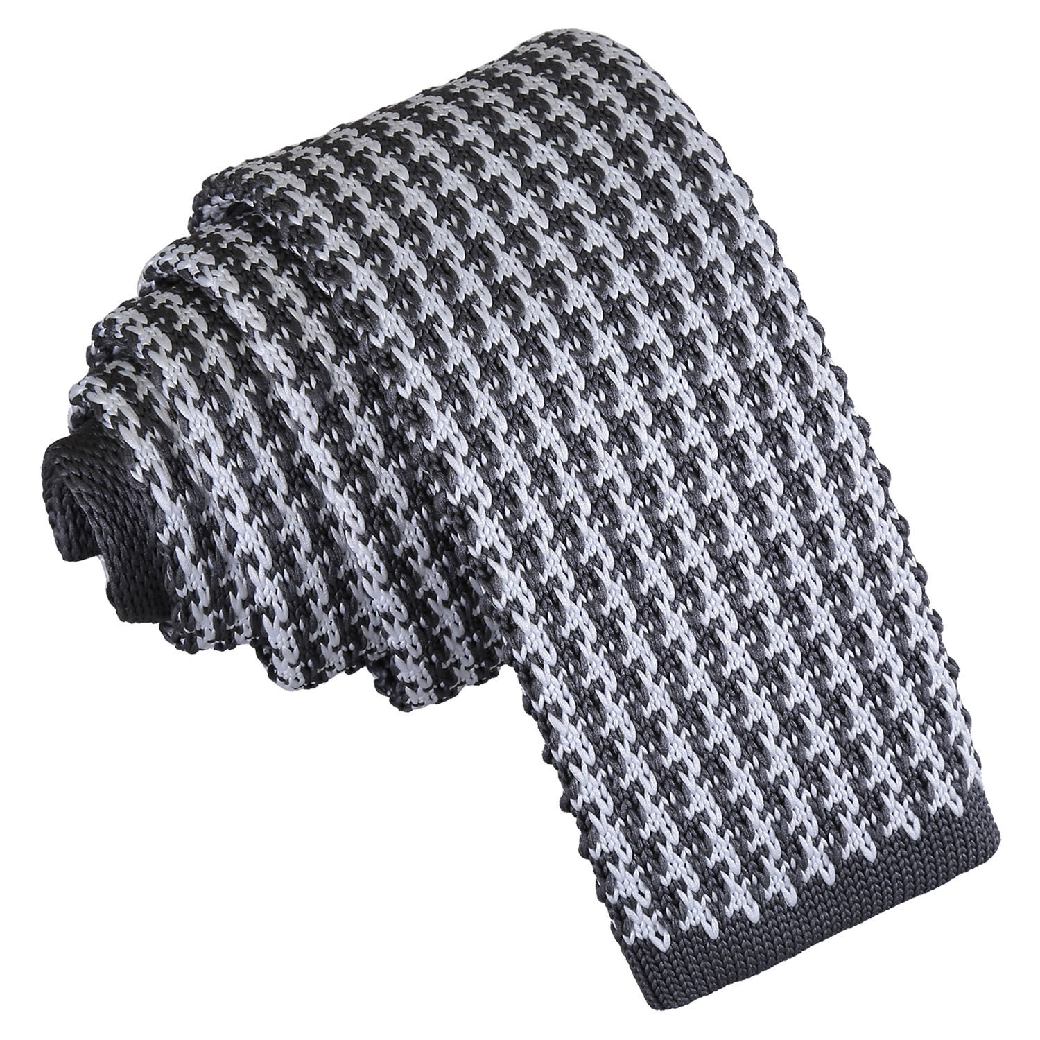 Houndstooth Knitted Skinny Tie - White &  Grey