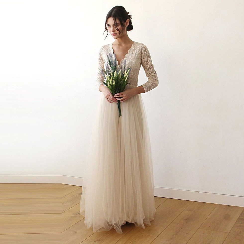 Thumbnail: Bestseller Champagne  Tulle and Lace  Dress #1125