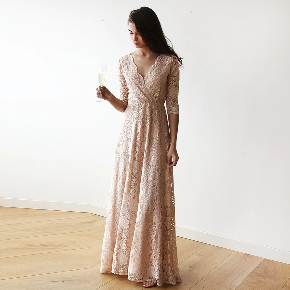 Thumbnail: Boho  Pink Blush Lace  Wrap Dress  #1124