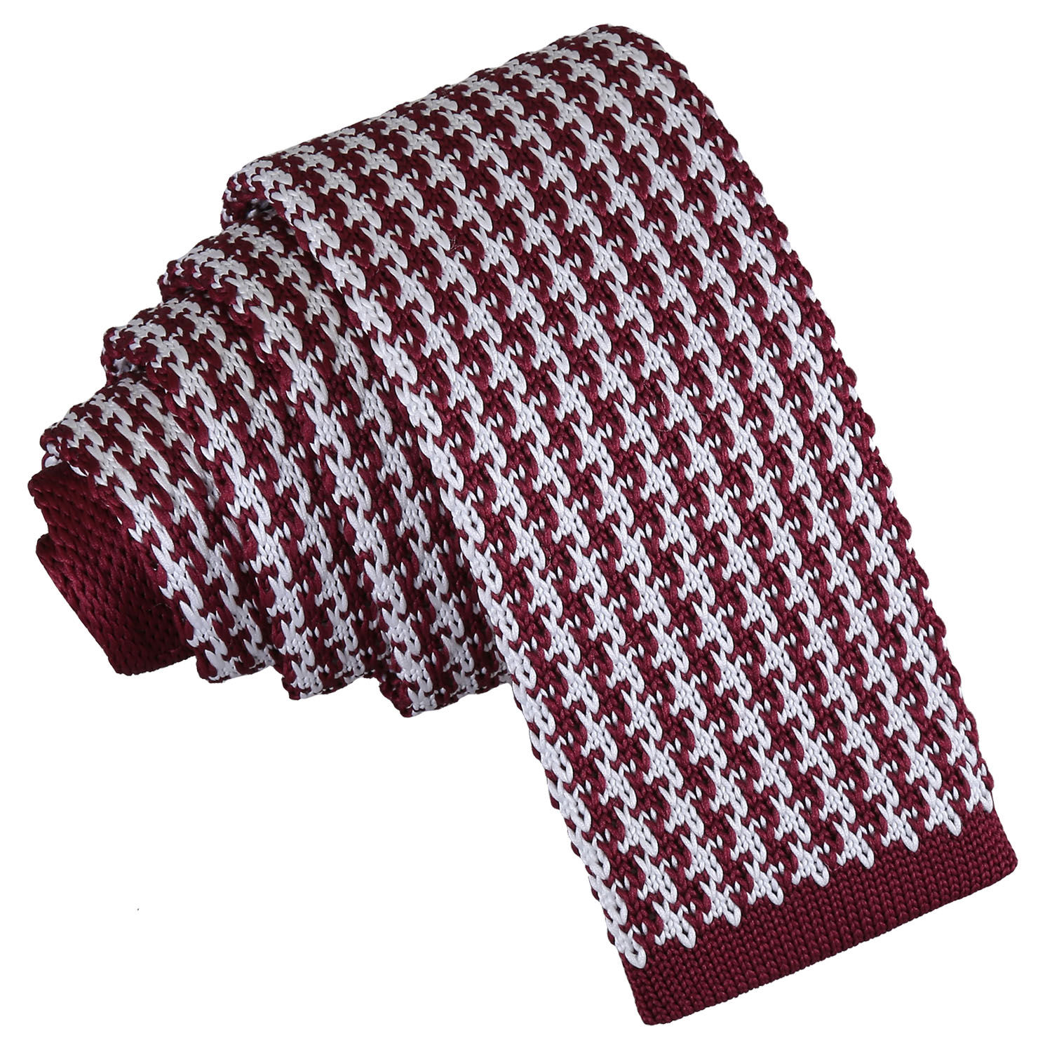 Houndstooth Knitted Skinny Tie - White &  Burgundy