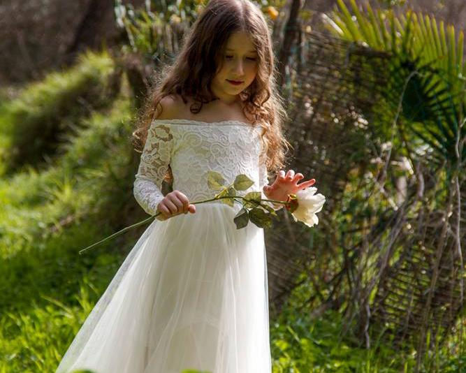 Thumbnail: Ivory Off-The-Shoulder Lace & Tulle Maxi Girls Gown #5040