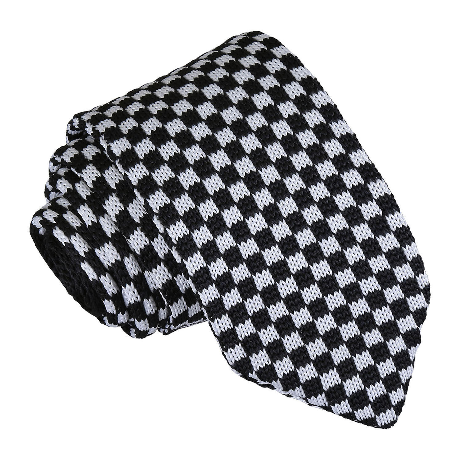 Check Knitted Slim Tie - White &  Black