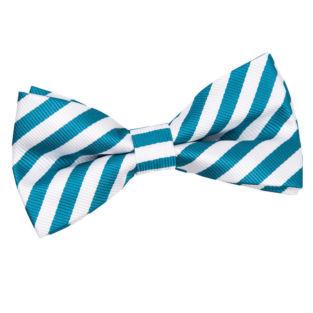 Thin Stripe Pre-Tied Bow Tie - White &  Teal
