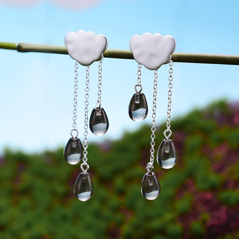 Thumbnail: 925 Sterling Silver Natural Crystal Gems  Long Tassel Drop Earrings
