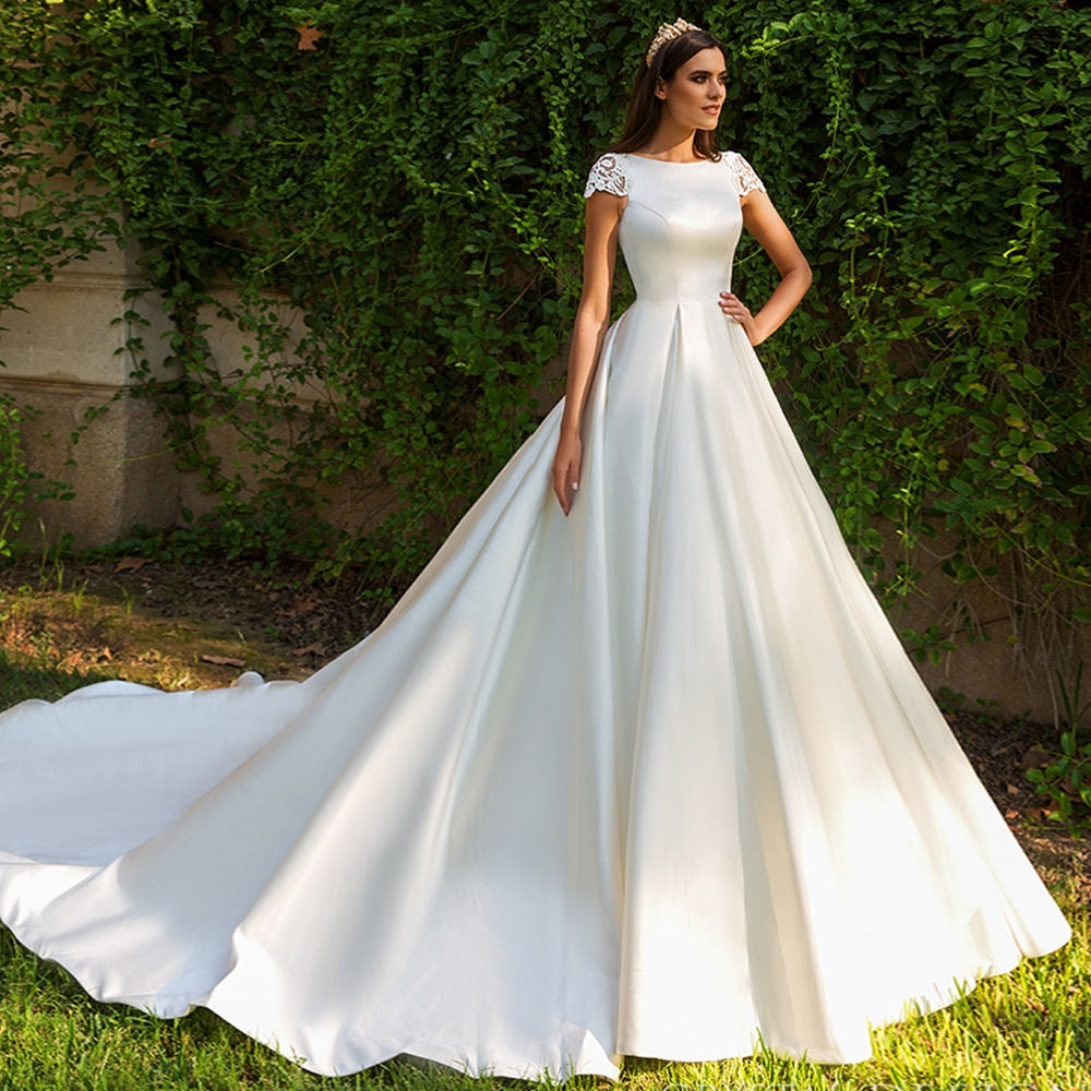 Short Sleeve Bridal Dresses Satin Wedding Gowns