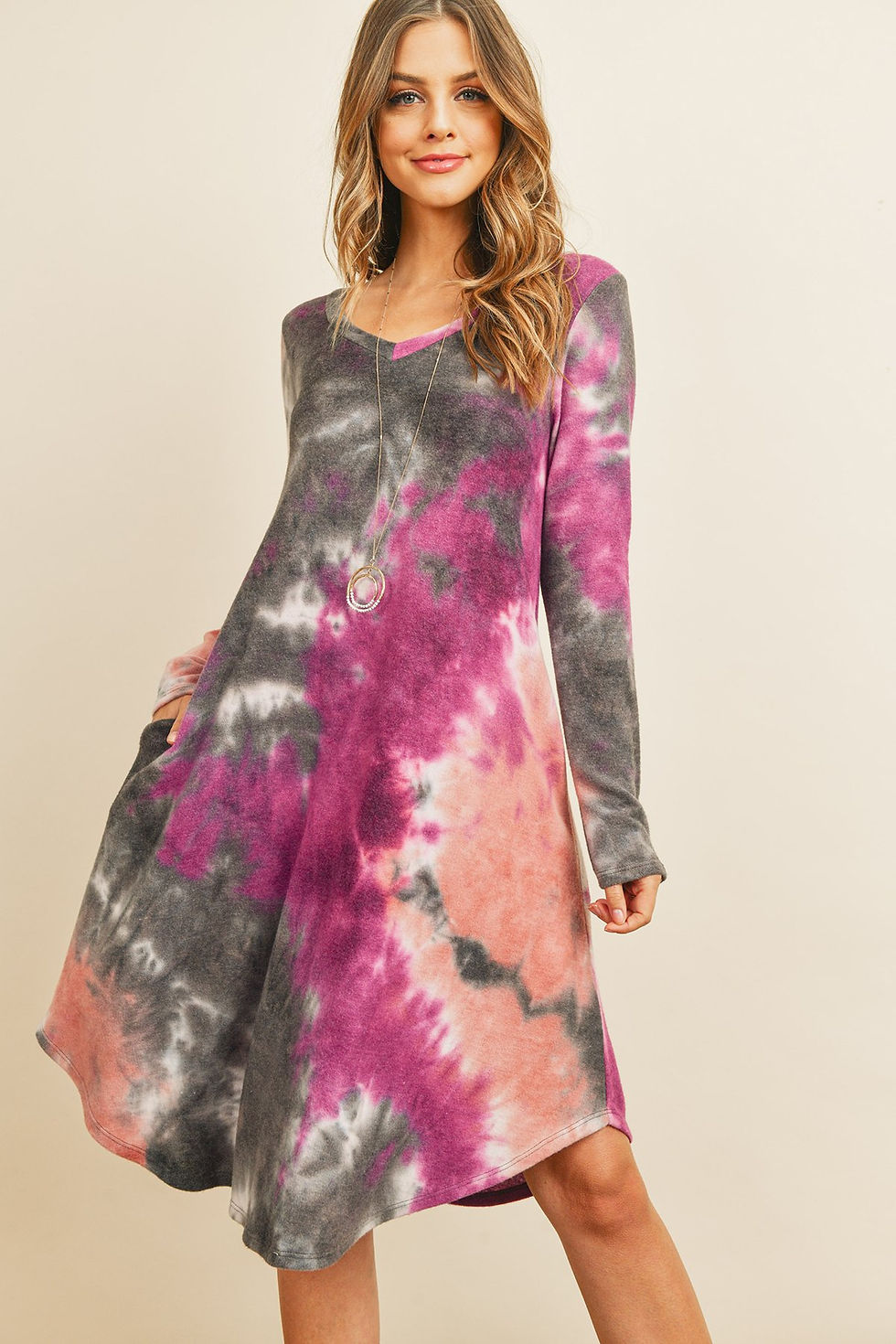 Thumbnail: Tie Dye V-Neck Long Sleeves Round Hem Dress