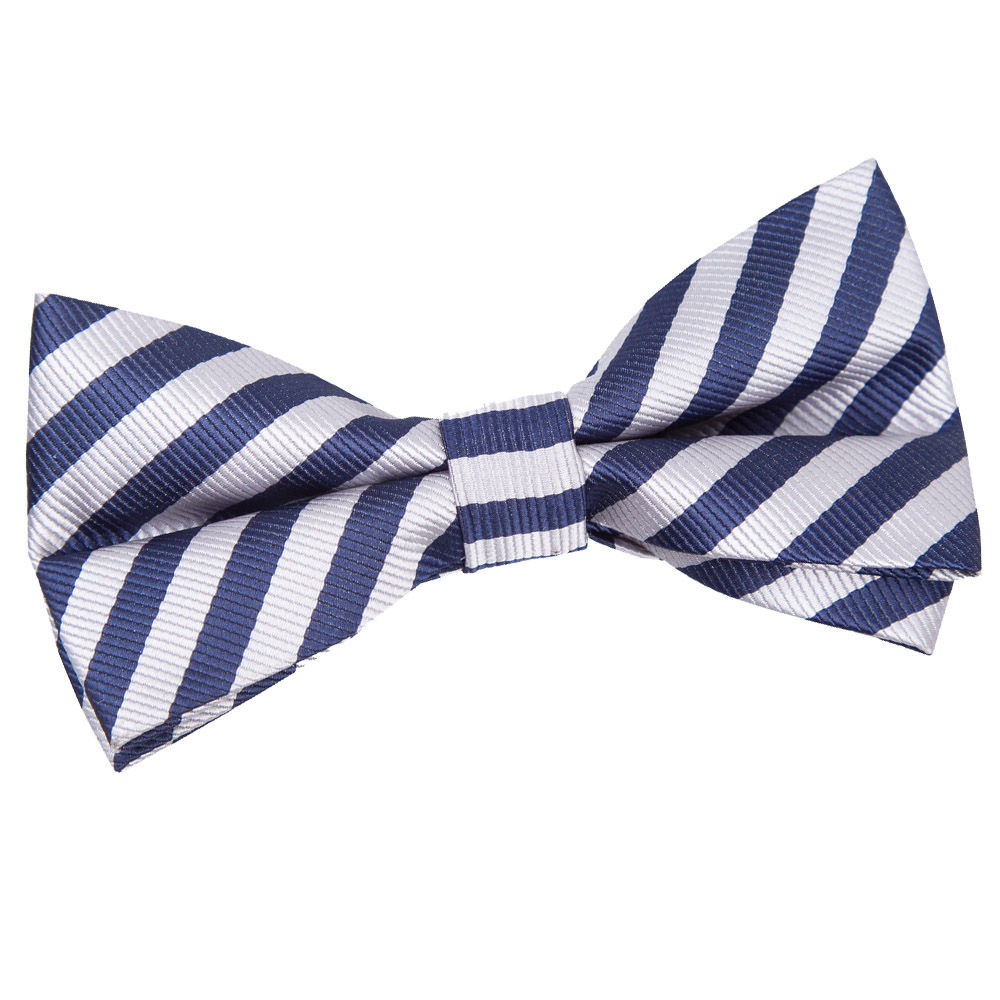 Thin Stripe Pre-Tied Bow Tie - Navy Blue & Silver