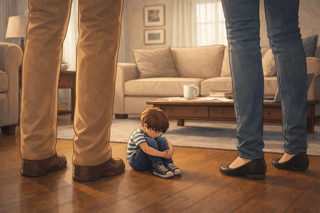 Small child on living room floor with two adults