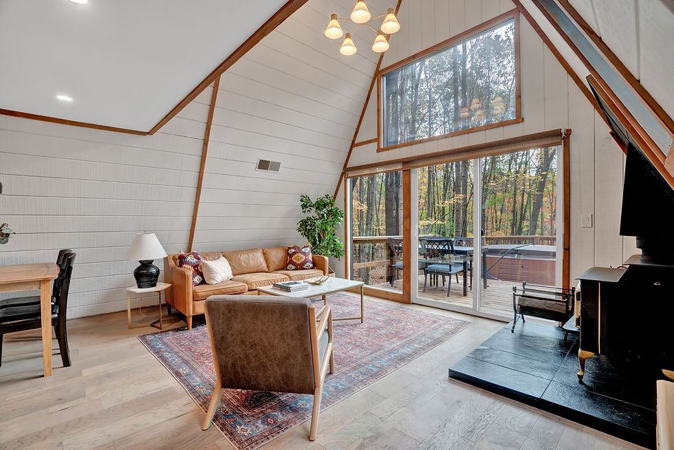 The living area transformation brings warmth and style.