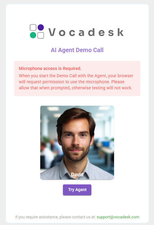 Vocadesk's Agent Test Link Interface