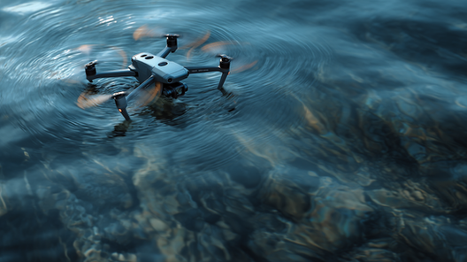 Dron nisko iznad površine vode, tik iznad talasa, sa vidljivim refleksijama i kamenjem ispod prozirne vode.