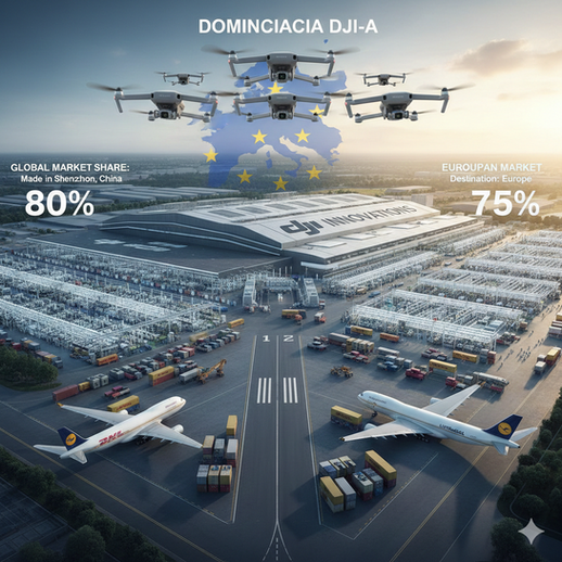 Ilustracija dominacije DJI dronova na globalnom i evropskom tržištu iznad logističkog centra sa prikazom tržišnog udela od 80% i 75%.
