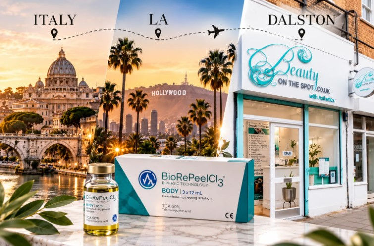 BioRePeel CL3 Body's journey from Italy to Los Angeles and Beauty on the Spot in Dalston, featuring the Hollywood sign, salon exterior and product packaging.