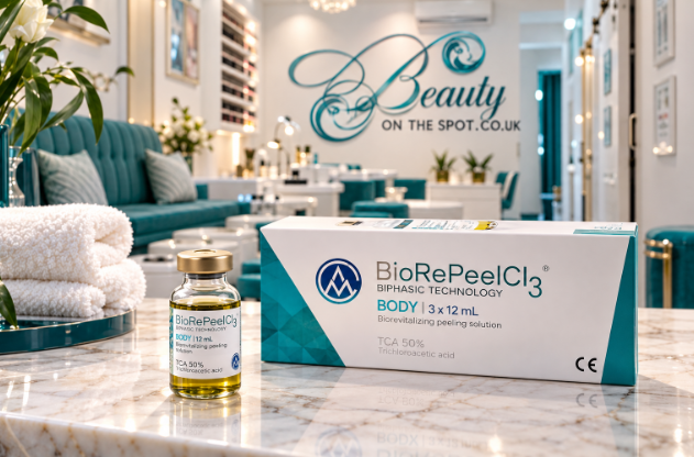 BioRePeel CL3 Body treatment bottle and packaging displayed inside Beauty on the Spot salon in Dalston, Hackney.