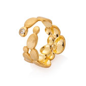 Adjustable Wide Band Sterling Silver Pebbles Ring with 14K Gold and White Sapphire