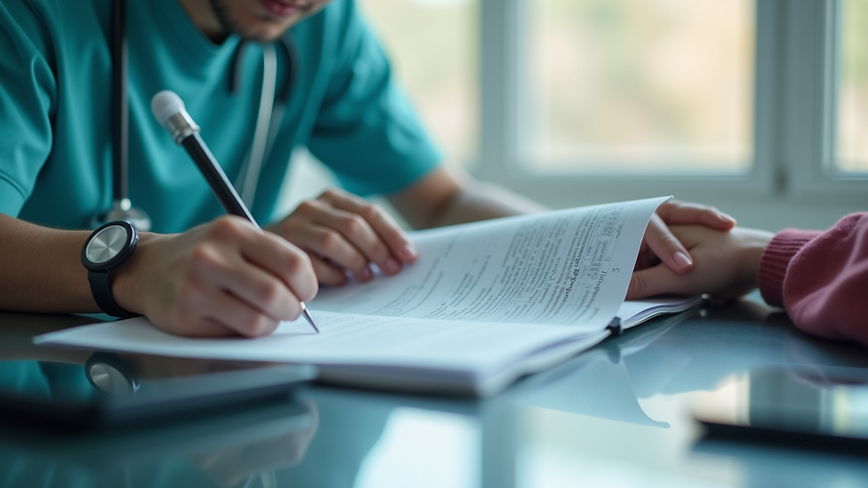 Eye-level view of a healthcare worker assisting a patient with paperwork