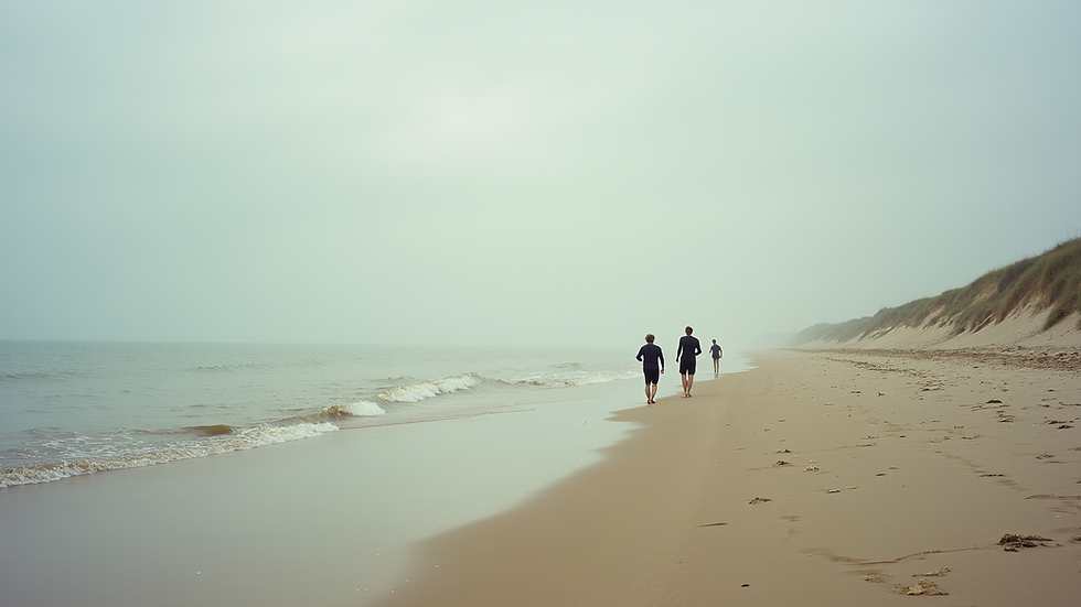 Ooghoogte van een rustig strand in Almere Poort met sporters die buiten trainen