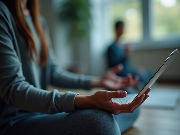 Dynamic-shot-illustrating-meditative-practice-near-digital-interface-showcasing-balance-be