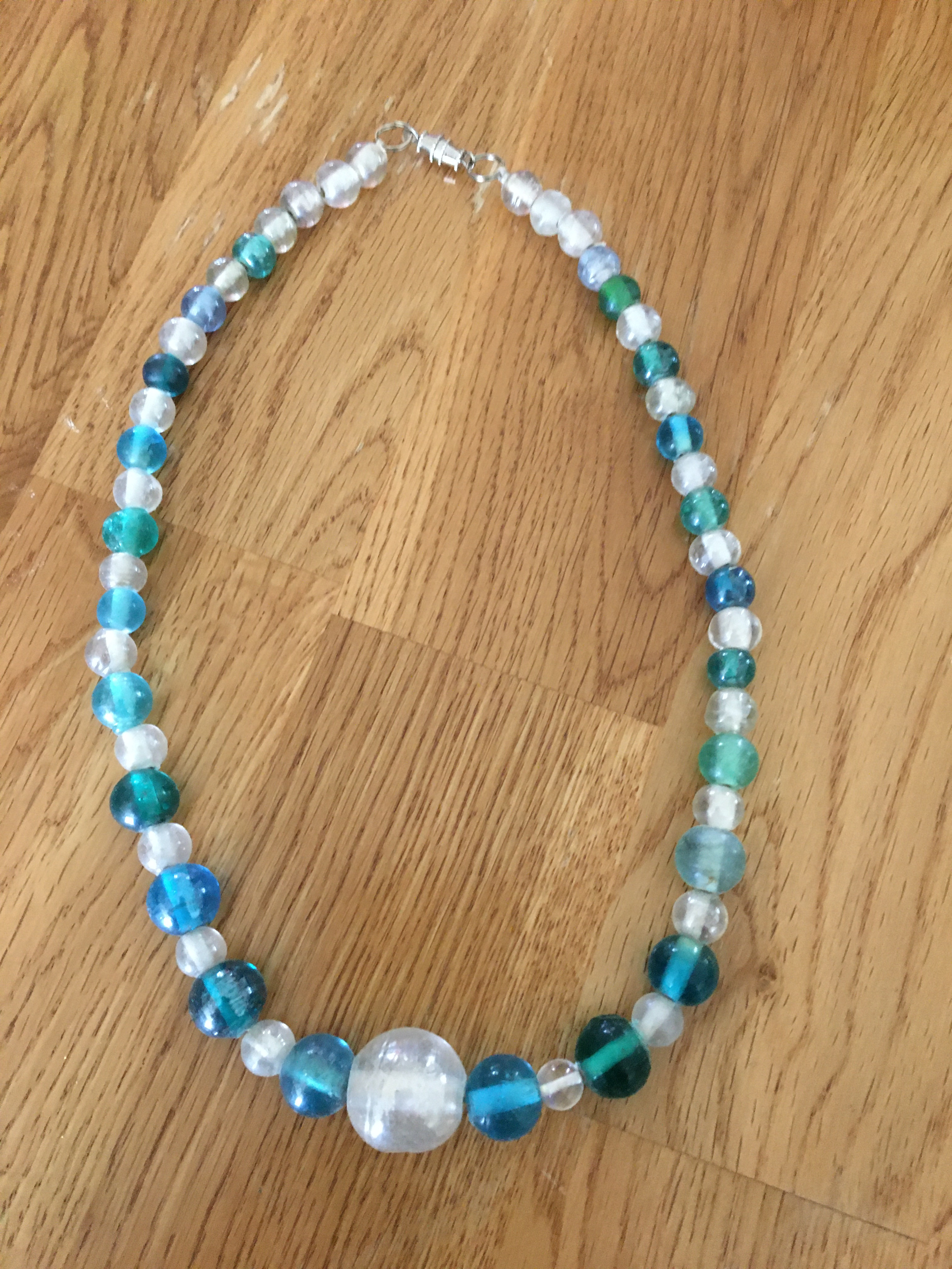 Blue, Green, and Clear bead necklace