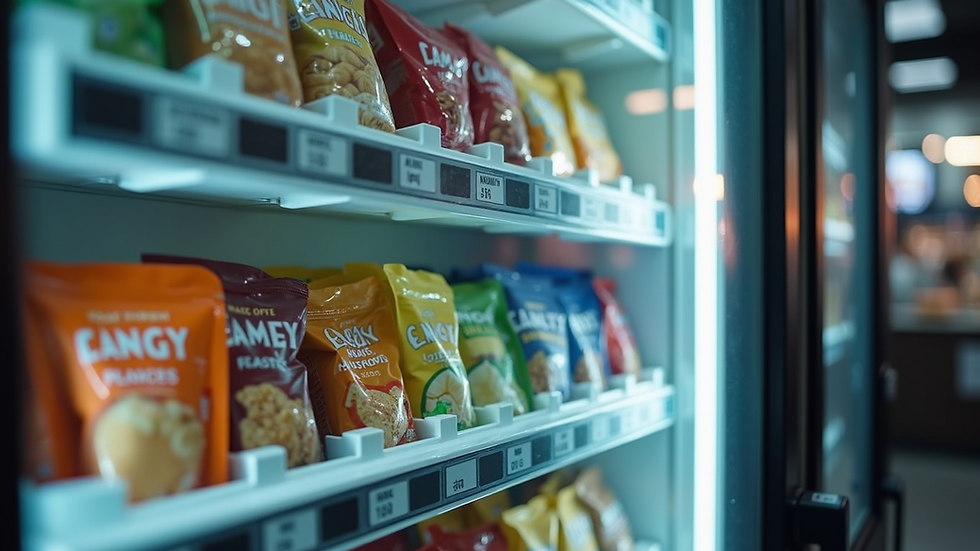 Eye-level view of a sleek vending machine stocked with healthy snacks