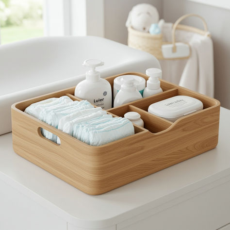 Overzicht van wat er in een luiercaddy zit: luiers, doekjes, zalf, hydrofiele doeken en reservekleertjes.