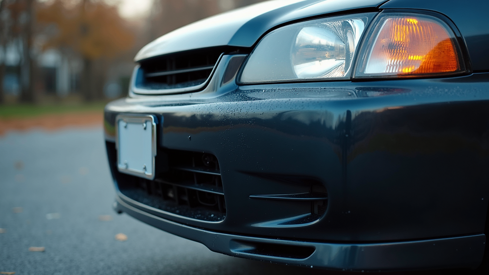 Eye-level view of a car’s front bumper with clear protective film applied