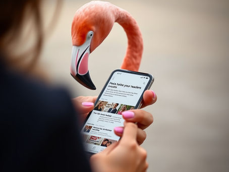 A flamingo stands over a woman looking at social media news on a mobile phone
