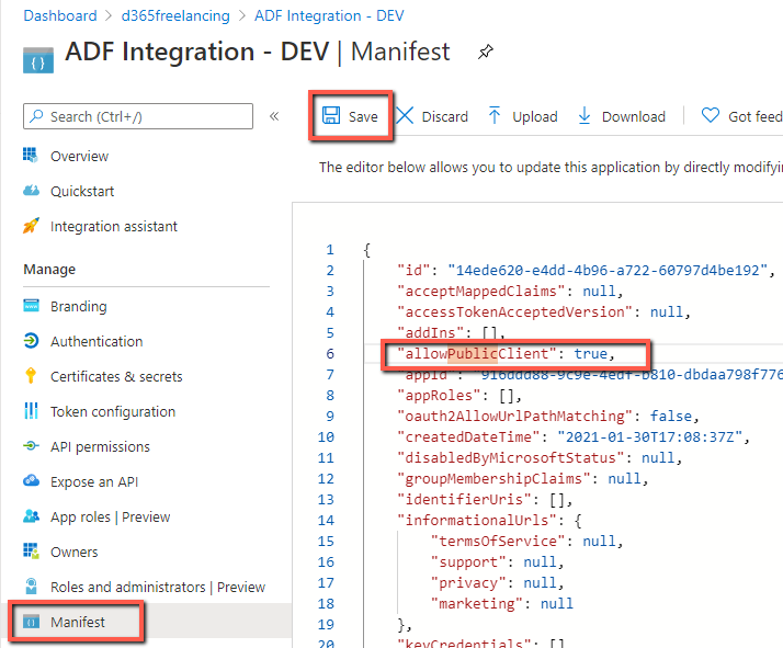 Set allowPublicClient property to True in the App Registration Manifest