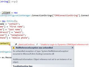 Unable to Login to Dynamics CRMObject reference not set to an instance of an object.
