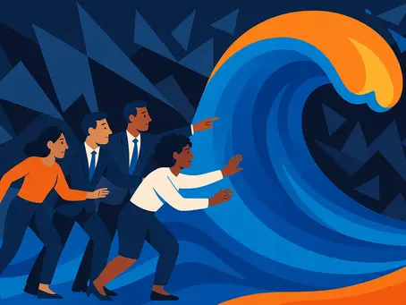 Ilustración de un equipo diverso de líderes enfrentando una gran ola azul y naranja, representando el sabotaje a la innovación y cómo el liderazgo estratégico y la cultura de innovación pueden superar las trampas de la innovación en una empresa.