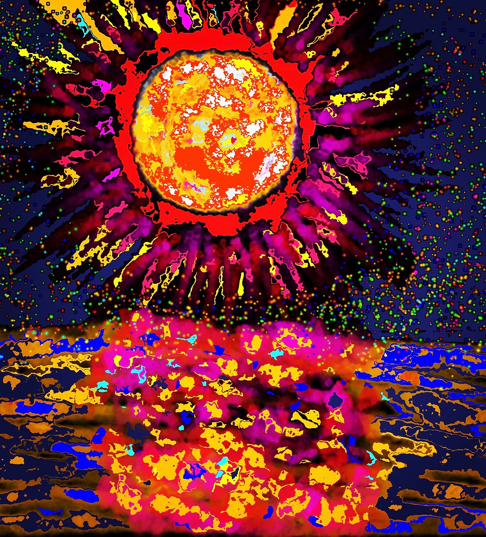 A piece of digital art portraying a sun reflected on the water. The colors are bright and varied, the sun an orange tinged with pink rays reflecting on the water.