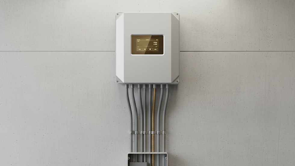 Close-up view of a solar inverter installed on a wall with wiring