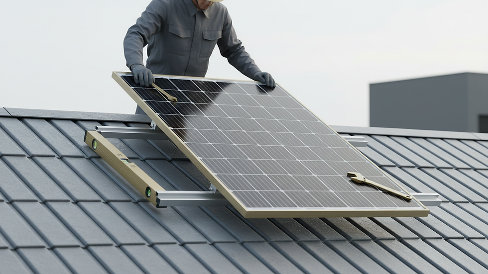Close-up view of a solar installer adjusting a solar panel on a residential roof