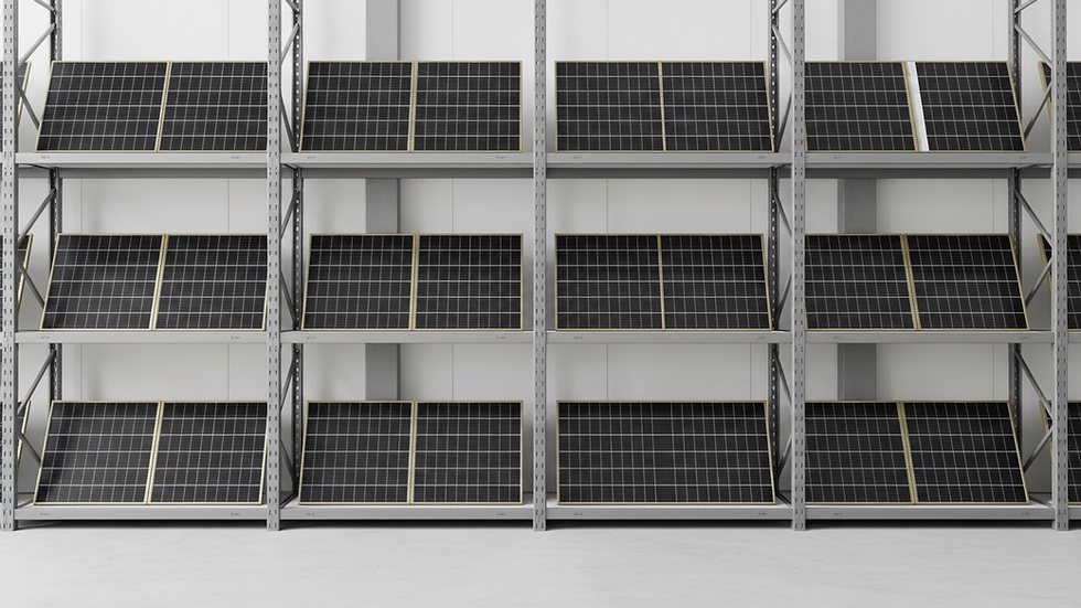Eye-level view of solar panels neatly arranged on a warehouse shelf