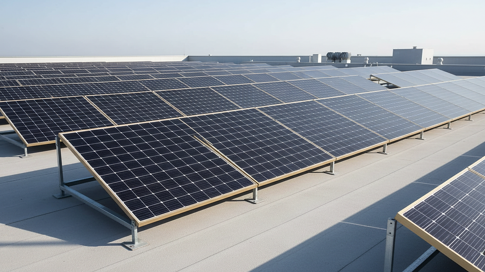 Eye-level view of solar panels installed on a rooftop under clear sky