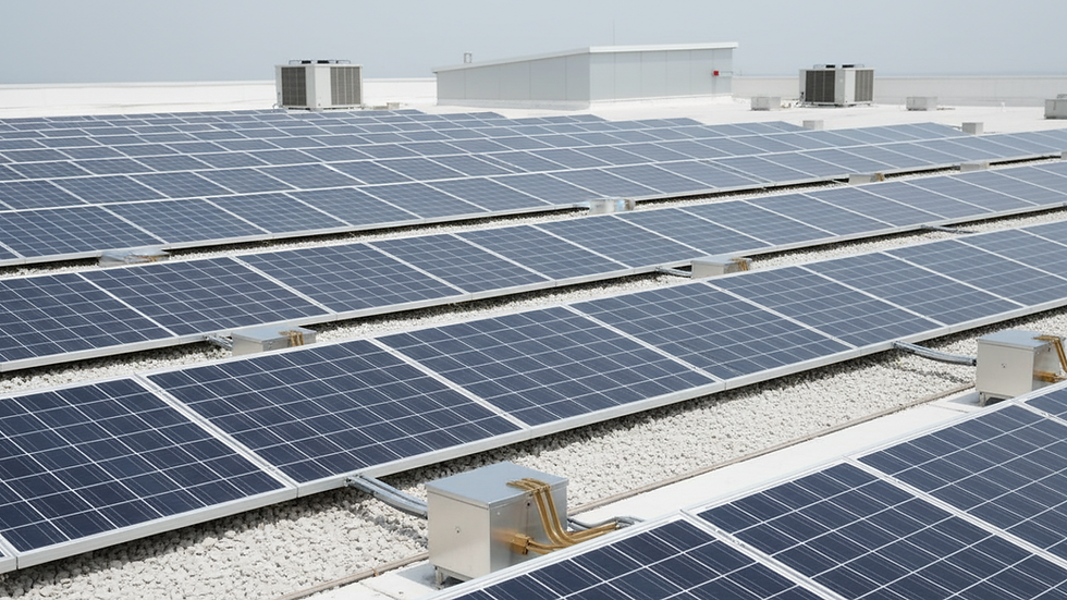Eye-level view of solar panels installed on a commercial rooftop