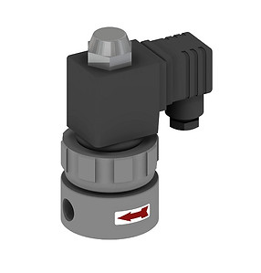 Direct-acting 2/2-way plastic valve (model 148) with PTFE bellows, made of PVC and PTFE.
