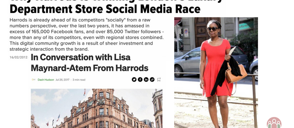 A collage featuring Lisa Maynard-Atem in a red dress with sunglasses and handbag, alongside headlines from articles highlighting her role in growing Harrods’ social media presence and winning the luxury department store digital race.