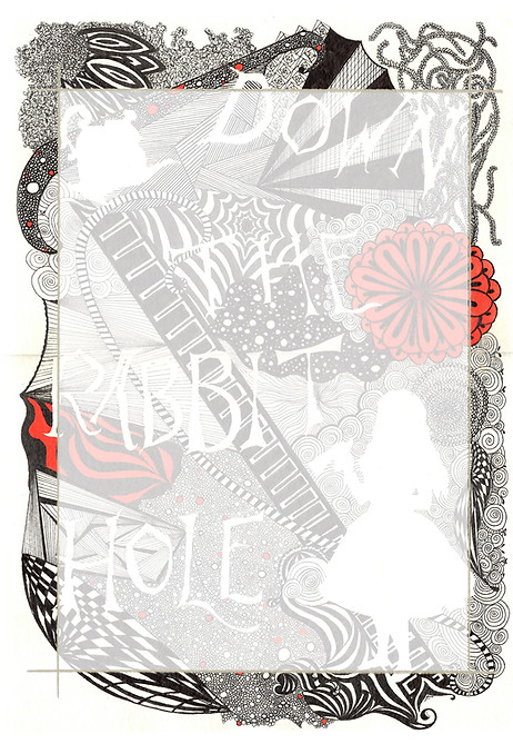 Abstract linework image of Alice in Wonderland notepaper design. Image is the free download available upon signing up to newsletter.