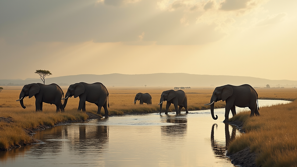 Wide angle view of the Kazinga Channel with elephants