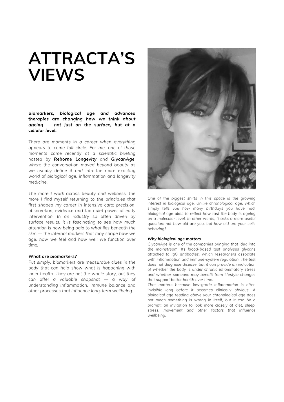Attracta’s Views article page with black-and-white portrait and text about biomarkers, biological age and longevity.