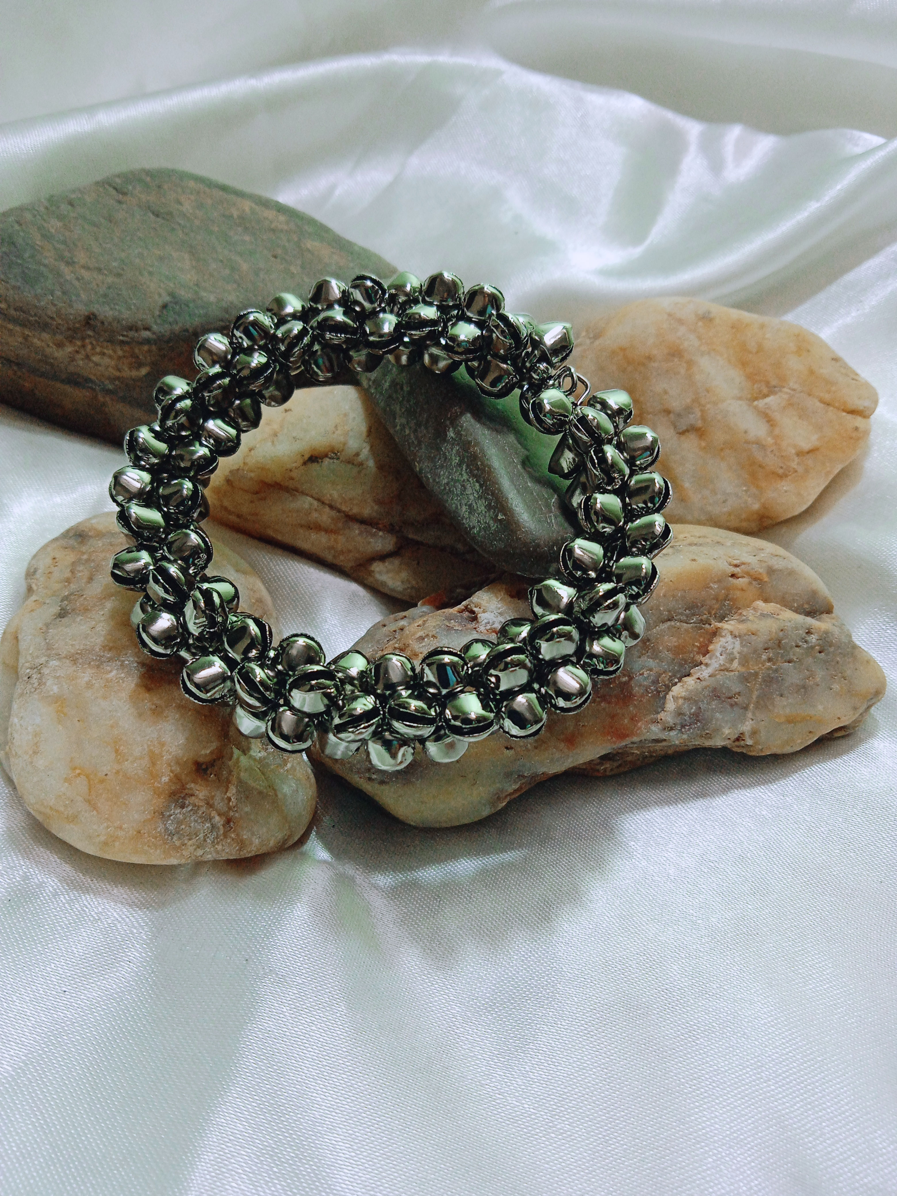 Okhali - German Silver Oxidised Cuff Tribal Bracelet with Ghungroo