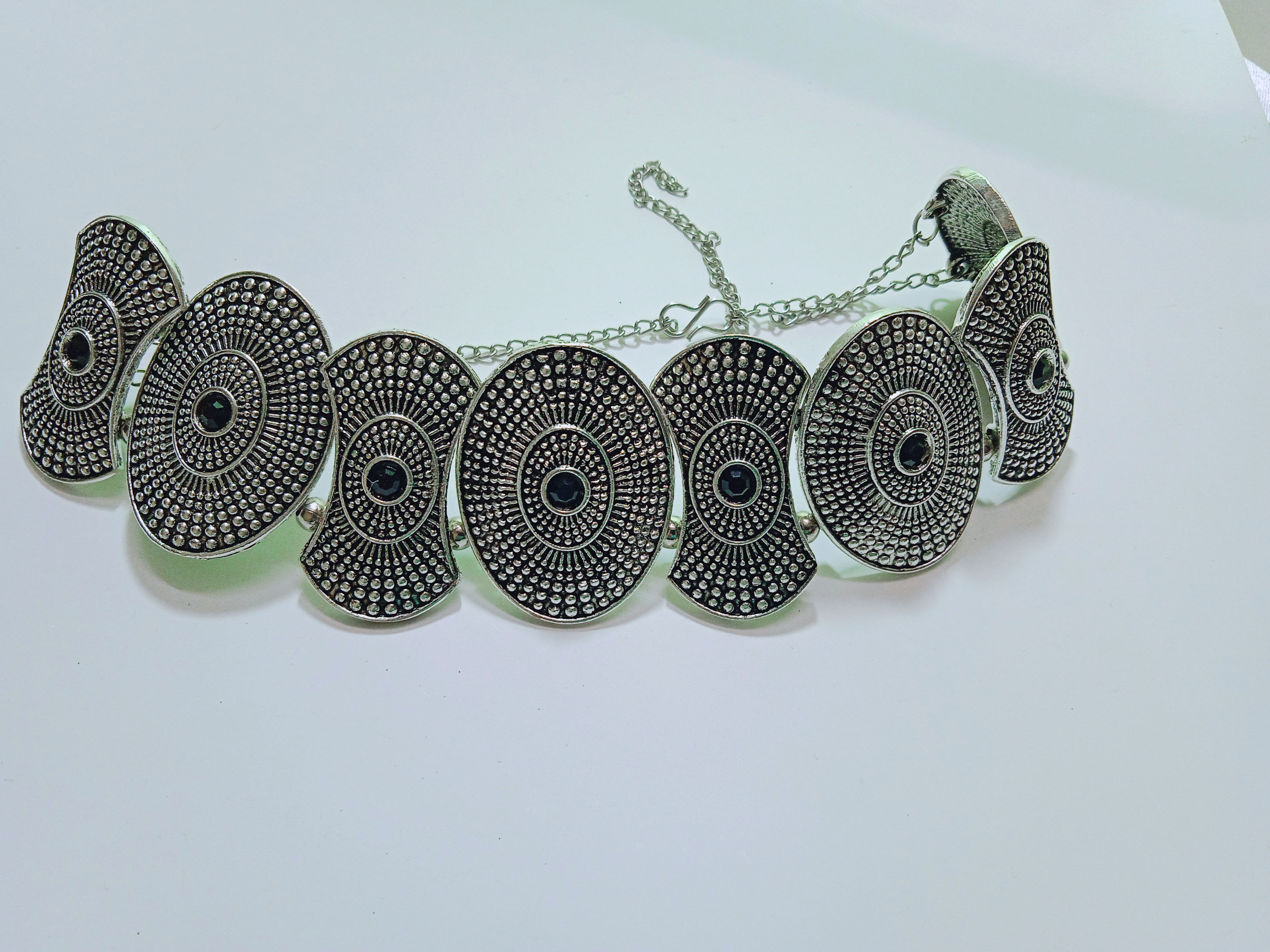 Okhali - German  Silver Oxidised Antique Afghani Choker with Black Stone